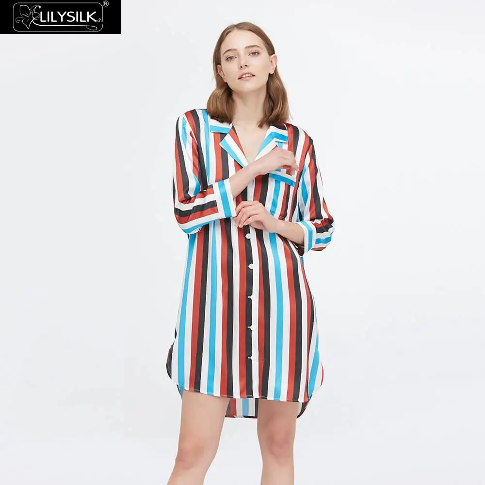 Red Black And Blue LilySilk шелковая ночная рубашка Гламурная шикарная полосатая Женская Новая - Цвет: Red Black And Blue