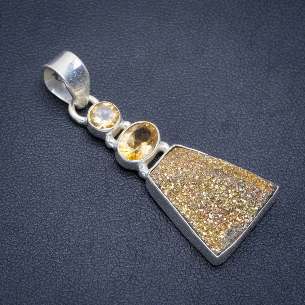 

Natural and Citrine Handmade Unique 925 Sterling Silver Pendant 1.75" A1985