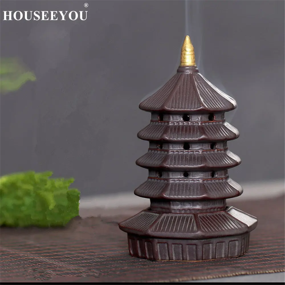 

HOUSEEYOU Leifeng Pagoda Tower Incense Burner Holder Stand Base Buddhism Hand Crafts Censer Home Office Temple Decoration