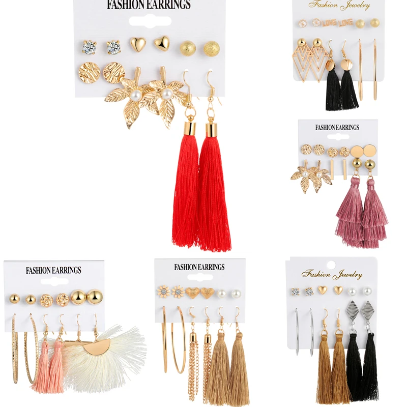

Boho Colorful Tassel Flower Gem Gold Earrings Set Women Punk Stud Earrings Set Personality Party Clothing Jewelry