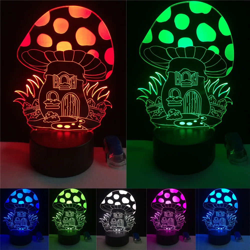 Мультяшный 3D милый Сказочный грибной домик Иллюзия LED прекрасные ночные