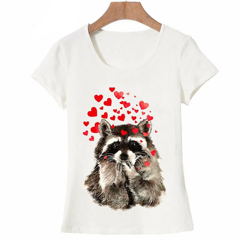 

Cute Raccoon Blowing Kisses Red Hearts Watercolor T Shirt Summer Lovely Women t shirt Funny casual Short Sleeve tee for girls