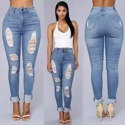 2019 новые синие джинсы женские с высокой талией тонкие рваные джинсовые брюки-карандаш повседневные Стрейчевые обтягивающие джинсы