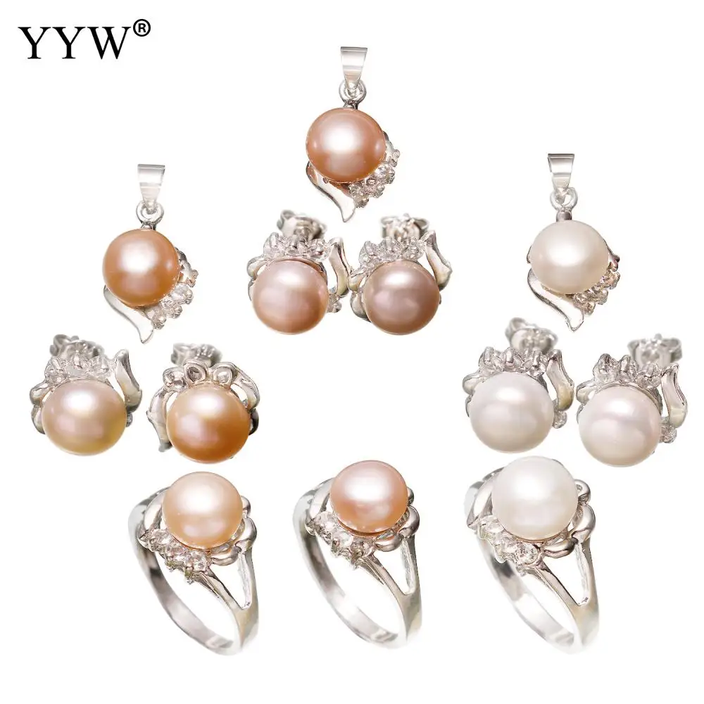 

Natural Cultured Freshwater Pearl Jewelry Sets Stud Earring Wedding Bridal Pearl Sets Women Pendant Finger Ring Pearl Jewelry