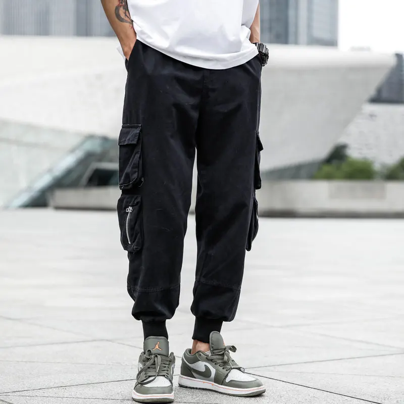 

Japanese Style Fashion Mens Jeans Casual Pants Jeans Men Punk Style Hip Hop Trousers Big Pocket Cargo Pants,Green Black Color