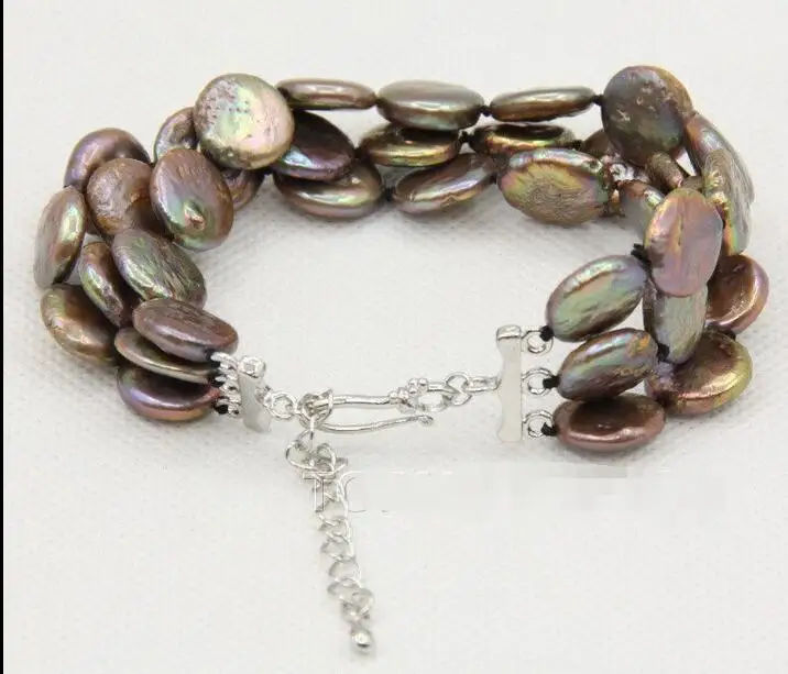 

Wholesale price 16new ^^^^7"-9.5" 3row 12mm coin fastener coffee pearls bracelet E2696