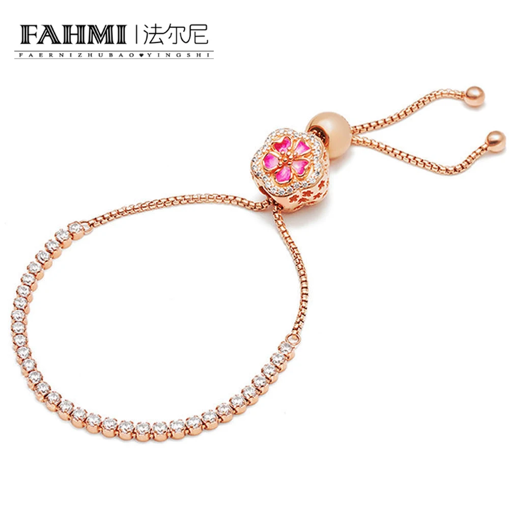 

FAHMI 100% 925 Sterling Silver ZT0273 Dazzling Peach Flower Beaded Bracelet Gift Set Rose Gold 2019 Spring New Fashion Jewelry