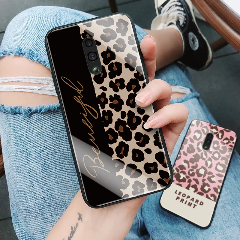 

ADKO New Design Girl's Leopard Painted Glass Case Silicone Frame Hard Back Cover For Oppo Reno