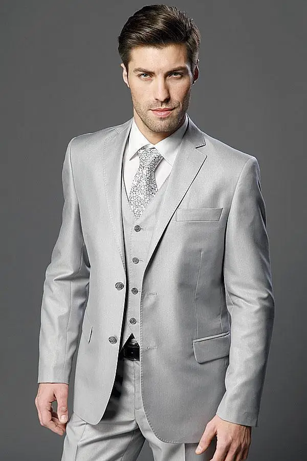 

2017 New Arrivals Two Buttons Light Grey Groom Tuxedos Notch Lapel Groomsmen Wedding Prom Suits ( jacket+Pants+vest+tie)