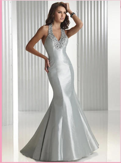 P0110 popular Mermaid Halter Taffeta Beaded full length Pageant ball birthday Homecoming Formal Party Cocktail Prom Dresses gown | Свадьбы и