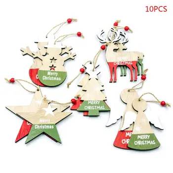

10pcs Christmas Star Snowman Angel Deer Wooden Pendants Xmas Tree Ornament DIY Wood Crafts Kids Gift for Home Party Decoration