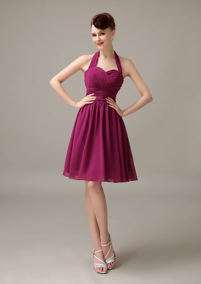 eggplant chiffon halter short cheap discount best sale bridesmaid dress