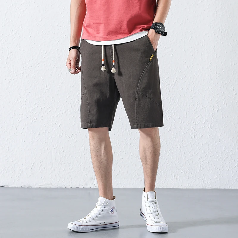 Summer Casual Shorts Men Cotton Mid Drawstring Regular Knee Length Solid Pockets Black Brown ArmyGreen Men Short BINHIIRO CS1901