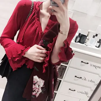 

Freeship 100%real ladies vintage casual ruffled pleated flare sleeve stand collar blouse/Shirts flare/fashion/ wine red/white