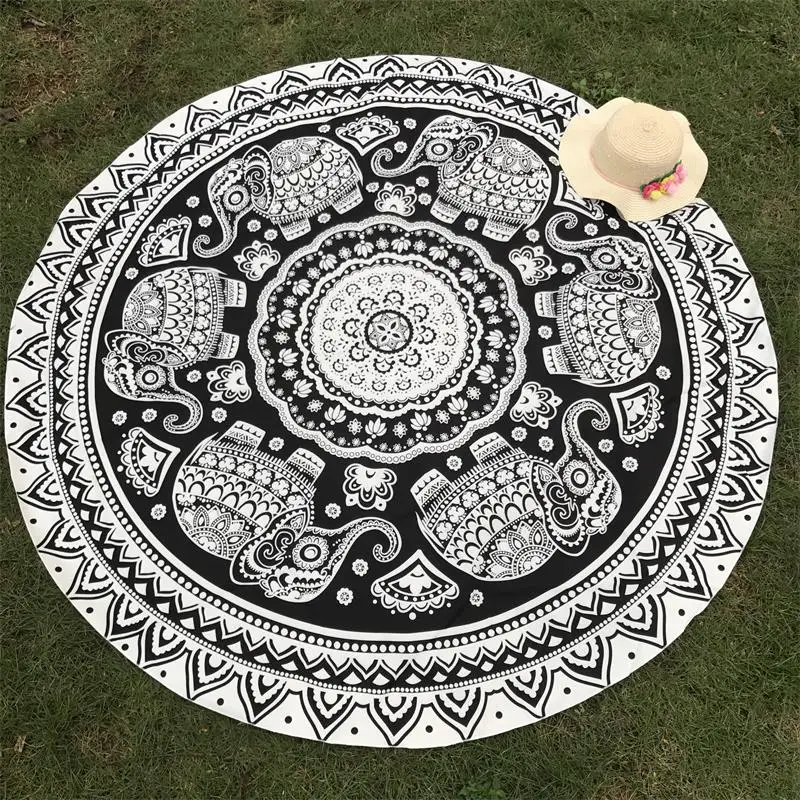 

Indian Tapestry Women Chic Flower Elephant Printed Bohemian Beach Mat Yoga Mat Sunblock Round Bikini Cover-Up Blanket