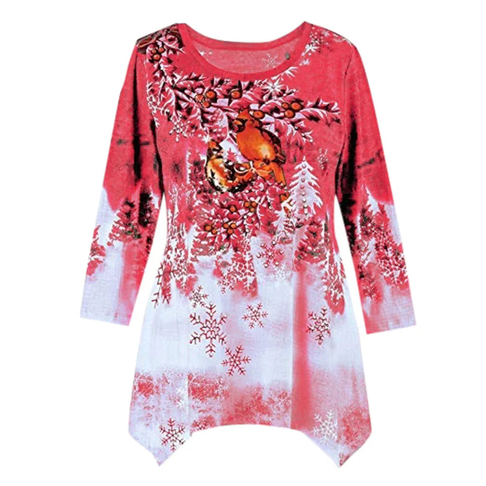 Женская футболка Харадзюку размера плюс, женская зимняя Праздничная Рождественская верхняя одежда с асимметричным подолом, повседневный Топ, рубашка с длинным рукавом#30