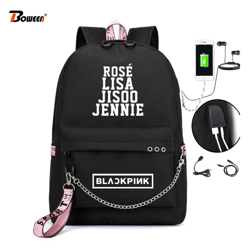 Kpop BLACKPINK ليزا ظهره النساء كوريا المدرسة الطالب أكياس للمراهقات الفتيان كبيرة النايلون سلسلة عودة حزمة USB Bagpack 2019