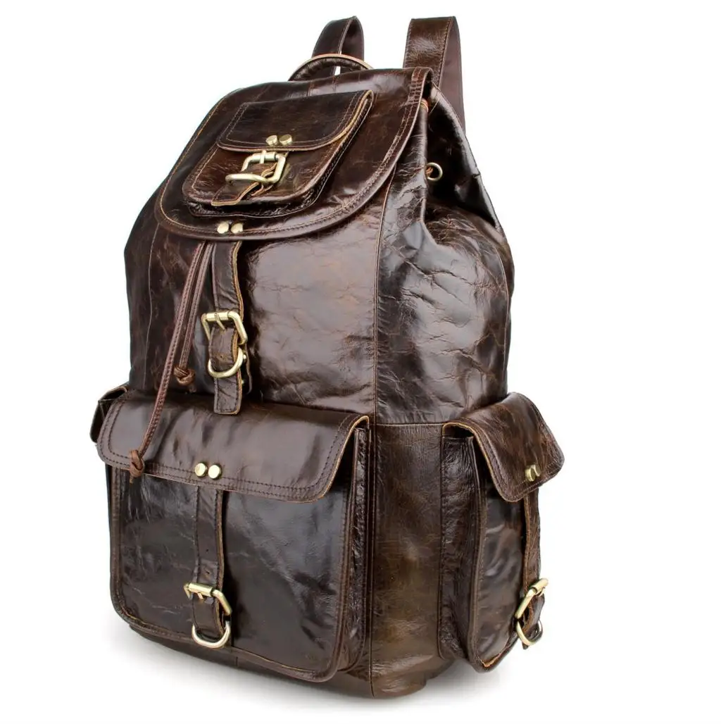 

New 2016 vintage Men Genuine Leather Backpack With Buckled Pockets Coffee Color large capacity school bag travel bags