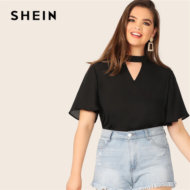 SHEIN, черный топ с v-образным вырезом на спине размера плюс, однотонный топ, блузка,, женская летняя Повседневная рубашка с коротким рукавом и вырезом