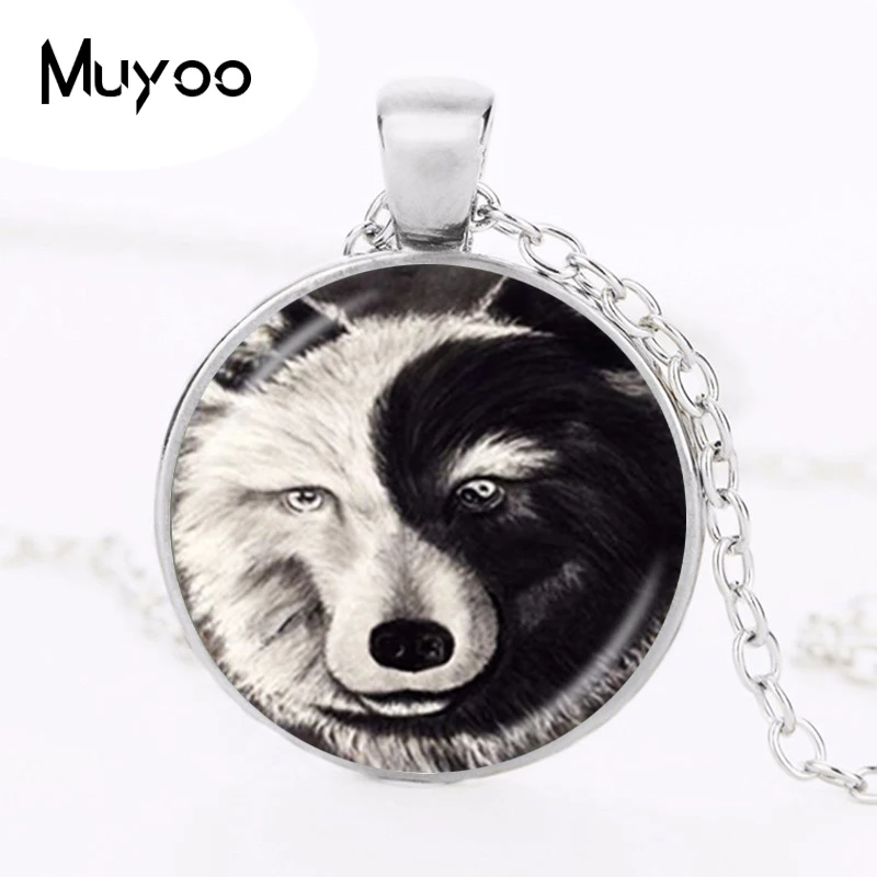 Винтажное ожерелье Ying and Yang Wolf, серый, черный, животный стеклянный кабошон для кулона, бронзовая цепочка, колье, женский аксессуар HZ1