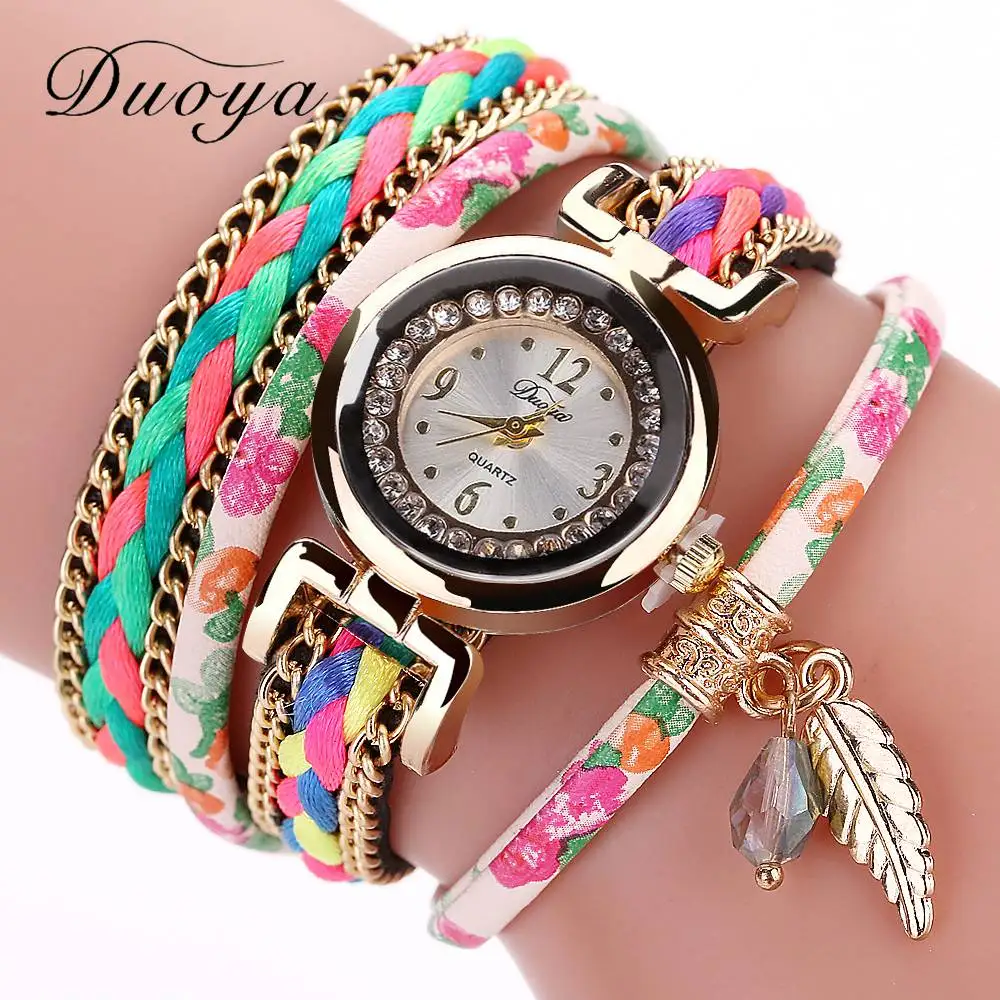 

Duoya Brand Luxury Ladies Quartz Watch Leaf Vintage Women Bracelet Wristwatch Handmade Braided Colorful Fashion Girl Clock 2017