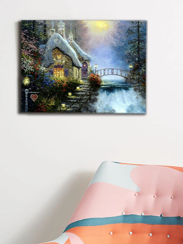 Светодиодное освещение парусиновый принтованный деревня сцена с коттедж мост через реку картина маслом картина на стену Холст wall art украшение дома