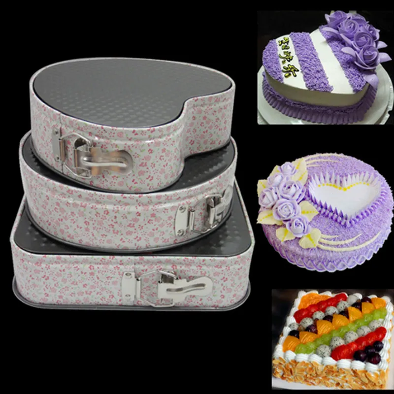 

3 PCS Metal Bakeware Set Nonstick Cake Mold Square Round Heart Shaped Cake Baking Forms Loose Base Steel Cake Pan Baking Dishes