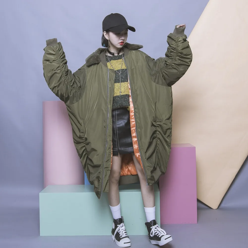 

Harajuku solid color oversize pleated long design buckle fur collar wadded cotton-padded