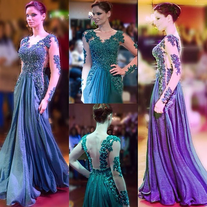 Women Dress Evening Long Elegant Illusion Beads Vesitdos Para Festa Evening Gowns Long Sleeves Celebrity Prom Dresses