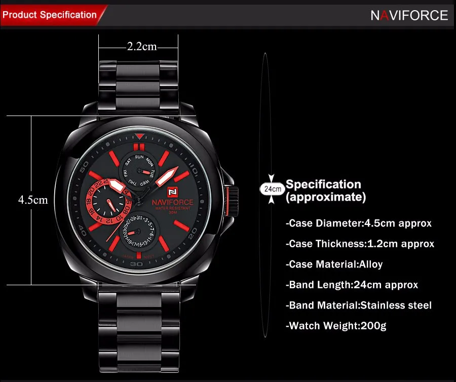 Navforce кварцевые часы Для мужчин watetproof Спорт Часы черный Нержавеющая сталь Группа 24 часа Авто Календари часы Relogio Masculino