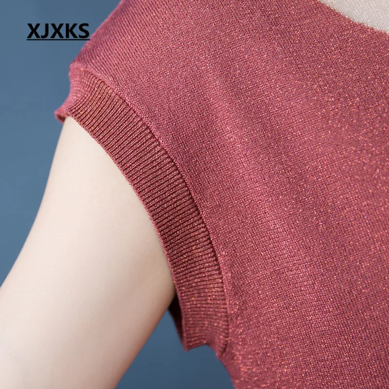 XJXKS летняя новая женская футболка модная яркая шелковая круглая горловина с коротким рукавом трикотажная тонкая футболка женский топ
