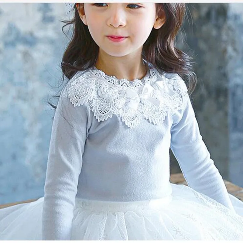 

2017 High Quality Children Girls T shirts Kids Lace Long Sleeve Tops Tee Winter Warm Princess Girl's Shirts Kids Clothes 3-8y