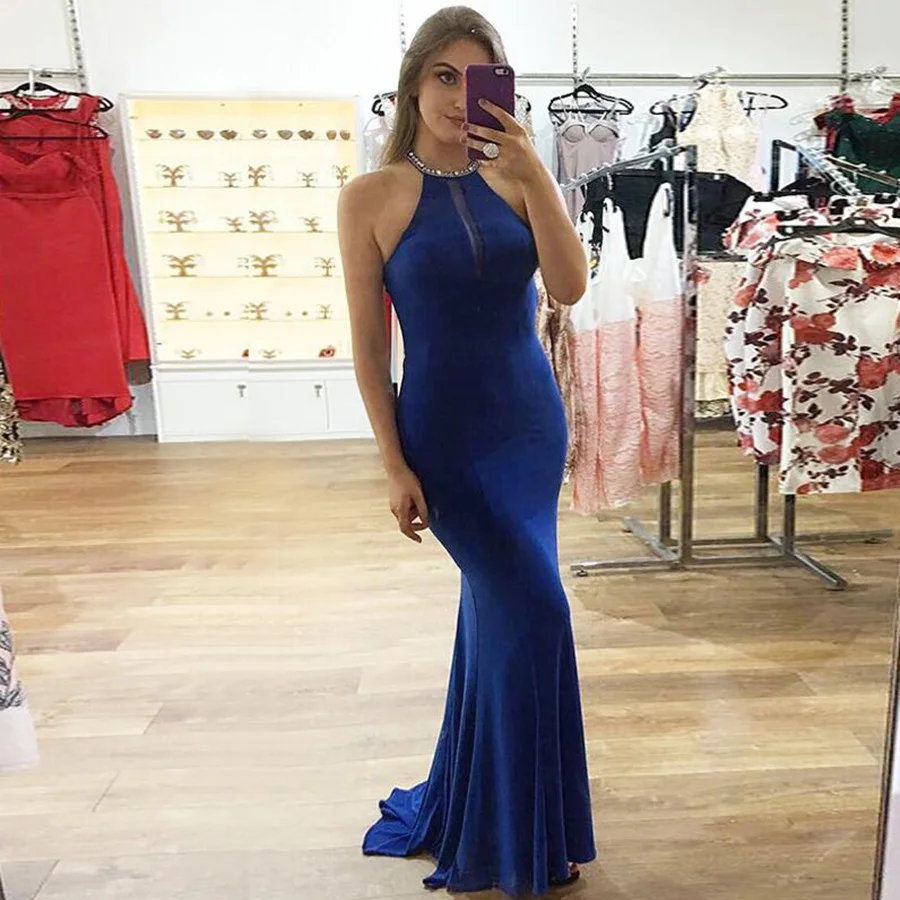 

High Quality Mermaid Evening Dresses Floor-Length Royal Blue Prom Dress with Beading Crystals