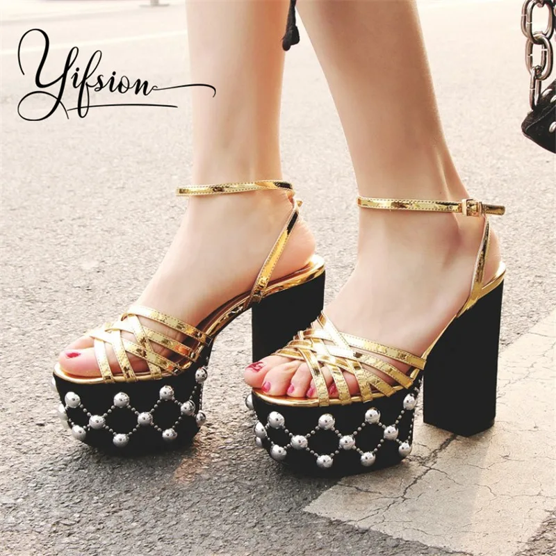 

OLOME New Fashion Gold Women Summer Gladiator Sandals Open Toe Buckle Thick High Heel Women Platform Sandals Party Shoes Woman