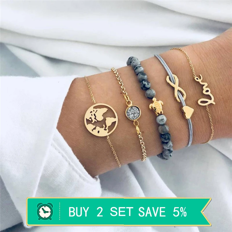 

Miss JQ 5Pcs/Set Bohemian Map Turtle Bracelets & Bangles For Women Fashion Gold Color Strand Bracelets Set Party Jewelry Gifts