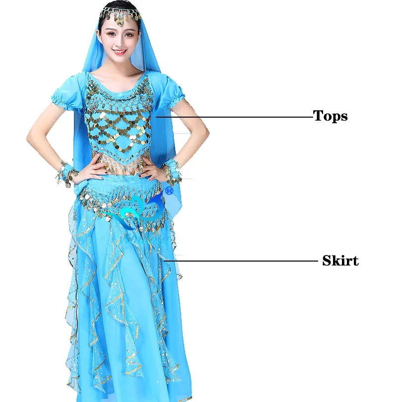 Indian Belly Dancing Suit for Women Bollywood Dance Costumes Girls Halloween Skirt Arabian Performance Chiffon 6pcs Set Coins - Цвет: Light Blue 2pcs