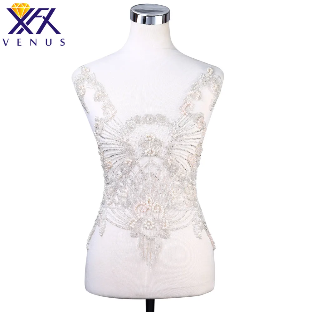 

XFX VENUS 1 Set Pure Handmade Beaded Rhinestones Pearl Patch Embroidery Patch Beads Applique Fabric Patch DIY Handcraft Apparel