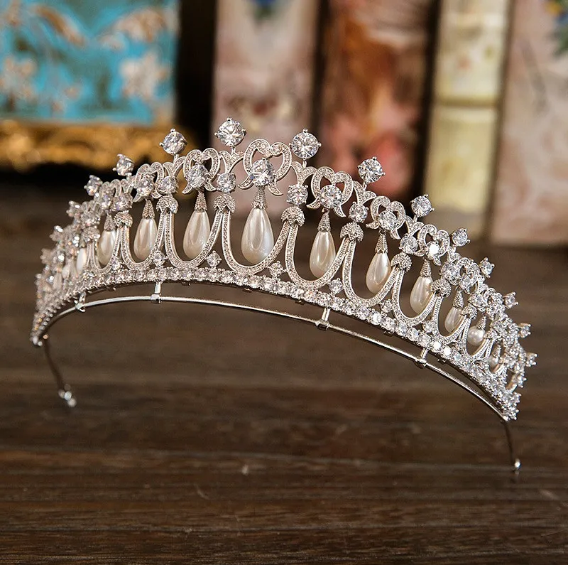 

Paved CZ Tiara Bride Pearl Crown Zircon Diadema Wedding Hair Accessories Jewelry Mariage Tiaras Crowns Coroa De Novia WIGO1056