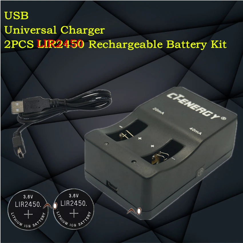 

High-quality universal USB interface charger 1PCS + 2PCS rechargeable coin cell LIR2450 Button Battery
