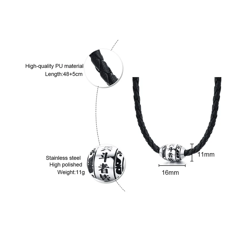 Men's Necklace 9 words Buddha Mantra Lucky Beads Stainless Steel Charm Pendant with Black Braided Rope Male Jewelry 20" Chain - Image 3