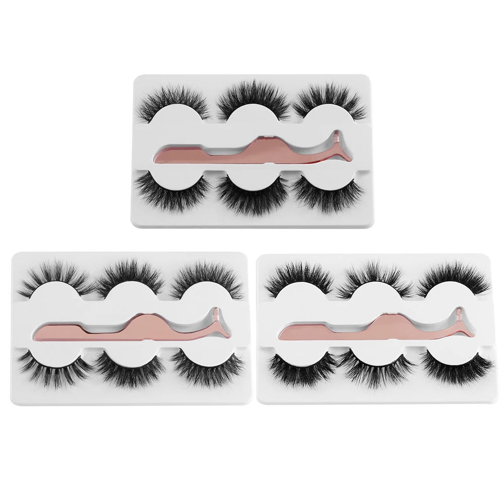 

3 Pairs with 1 Tweezer Multipack 100% 5D Pure Mink Hair False Eyelashes Natural Wispy Fluffy Lashes Handmade Eyelashes