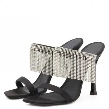 

sexy party shoes woman rhinestone chian high heels crystal fringe sandals slip on thin heels women wedding prom stiletto