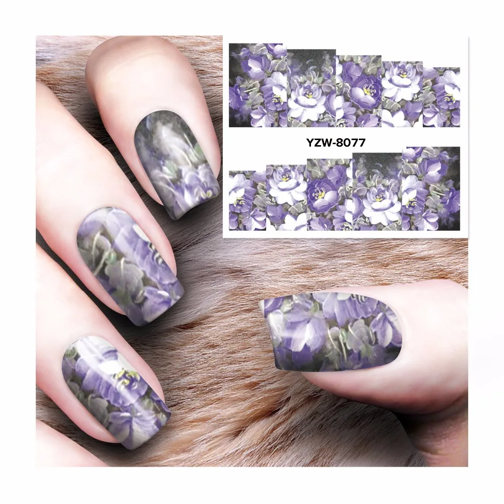 

YWK 1 Sheet Purple Gothic Blooming Flower Full Wraps Nail Art Water Decals Transfer Stickers For Nails Decorations Tool #8077