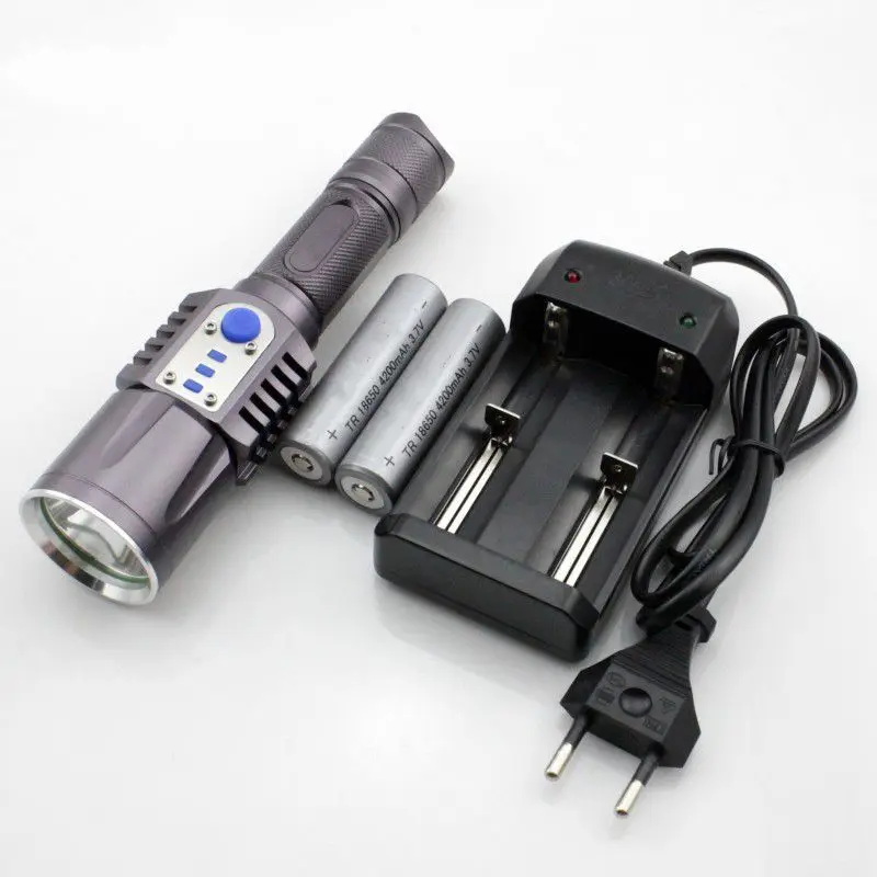 

2000Lms XM-L2 T6 LED Flashlight Torch lamp USB Intelligent flashlight mobile power bank +2* 4200mAh 18650 Battery+Charger