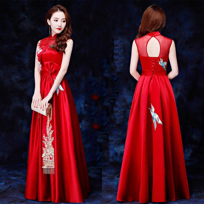 

Asian Bride Wedding Evening Party Dress Vintage Red Chinese Style Cheongsam Exquisite Embroidery Flower Qipao Sexy Vestidos