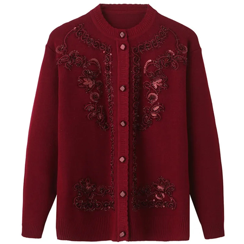 UHYTGF Spring Autumn Jacket Knitted Sweaters Women Shirts Coat Fashion Cardigan Plus size Knit Tops Loose Embroidery Sweater 46