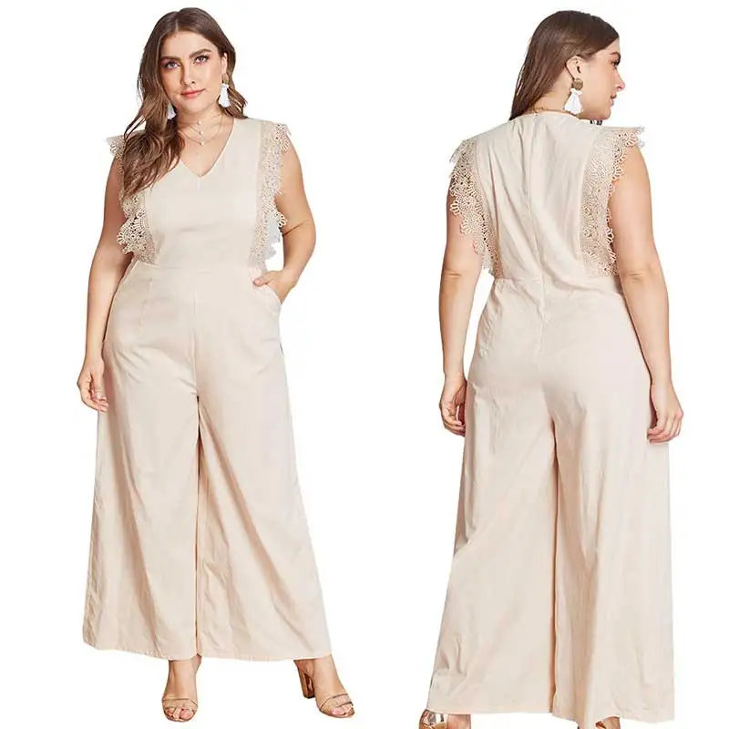 

NEW Women Summer Plus Size Jumpsuit Solid Lace Playsuit Large Size Jumpsuits V Neck Sleeveless Playsuit Sexy Office Lady Outfits