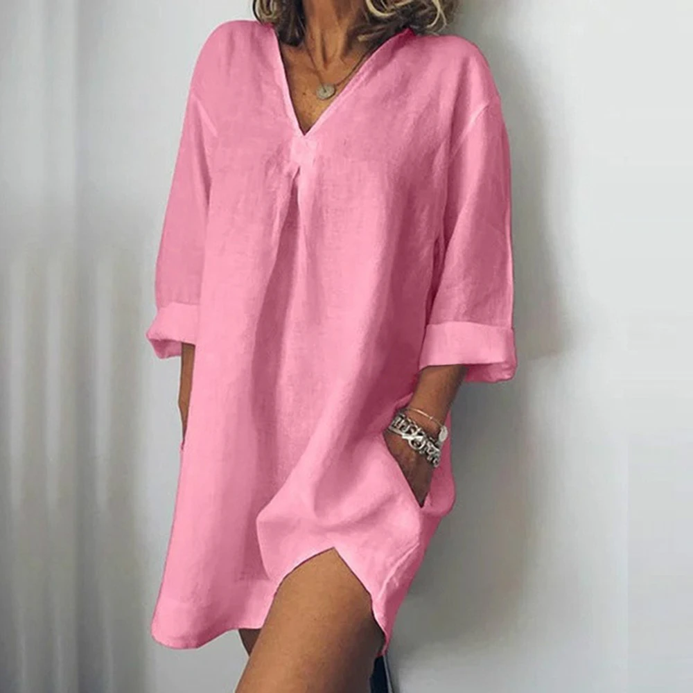 

Retro Loose Women Dresses Cotton Linen Mini Dress Long Sleeve V Neck Female Tops Solid Summer Mini Vestidos Casual Plus Szie 5XL