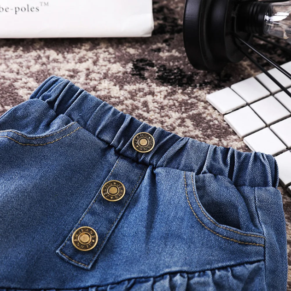Новинка года, синяя джинсовая мини-юбка для маленьких девочек короткая джинсовая юбка трапециевидной формы с оборками Детские летние потертые джинсовые юбки для маленьких девочек