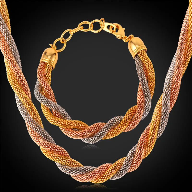 

Collare Necklace Sets Party Mix Gold/Rose Gold Color Mesh Chain Necklace Bracelets Men/Women Jewelry Sets Wholesale S701